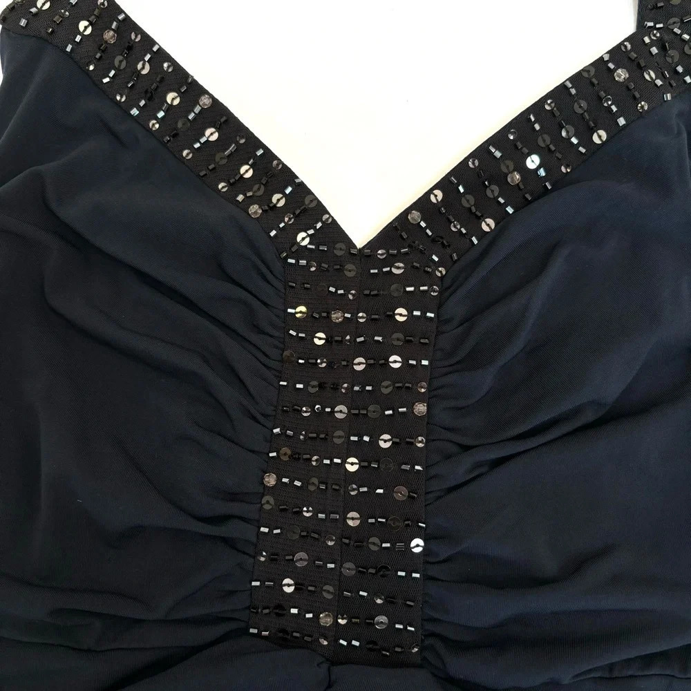 BCBGMAXAZRIA Y2K Ruched Jersey Halter Dress Sequin Trim Cocktail Navy Small NWT - Picture 5 of 14